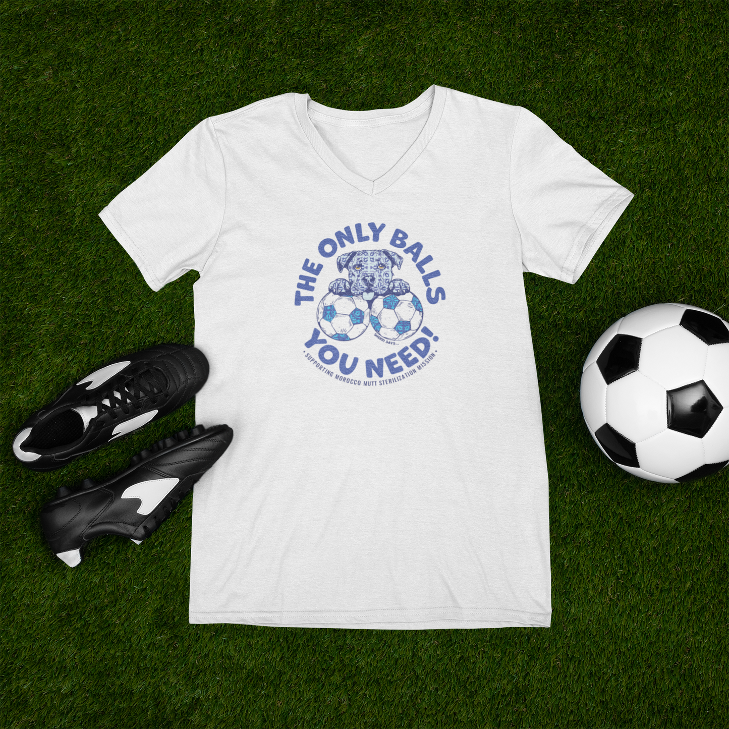 V-Neck Tee — "The Only Balls You Need" Soccer Graphic for Women