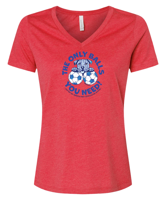 V-Neck Tee — "The Only Balls You Need" Soccer Graphic for Women